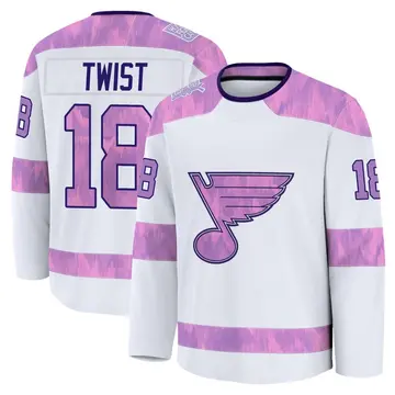 Men's Tony Twist St. Louis Blues ＃18 Premium White 2024 Hockey Fights Cancer Practice Jersey